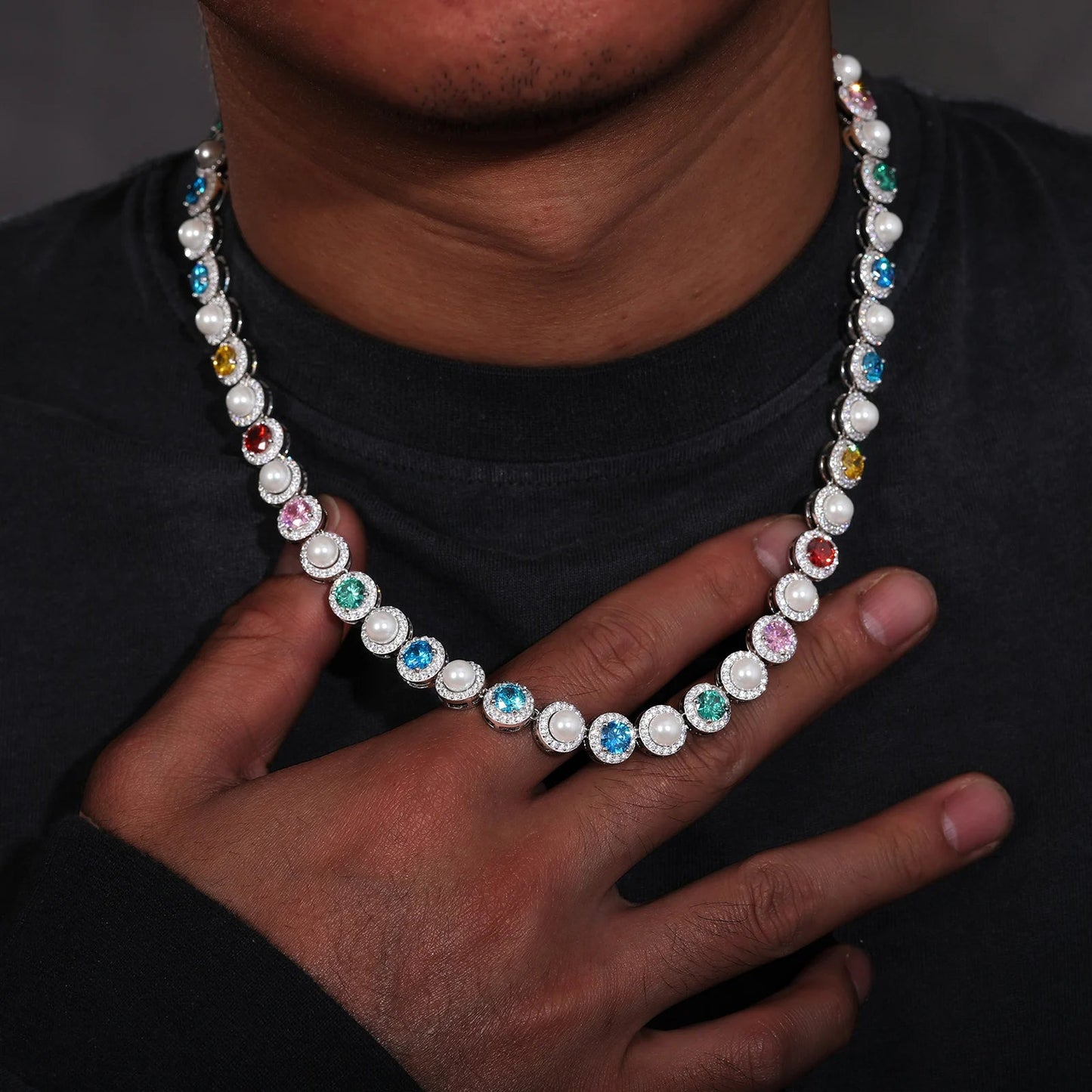 9.5mm Pearl & VVS Moissanite Cluster Tennis Necklace in 925 Silver