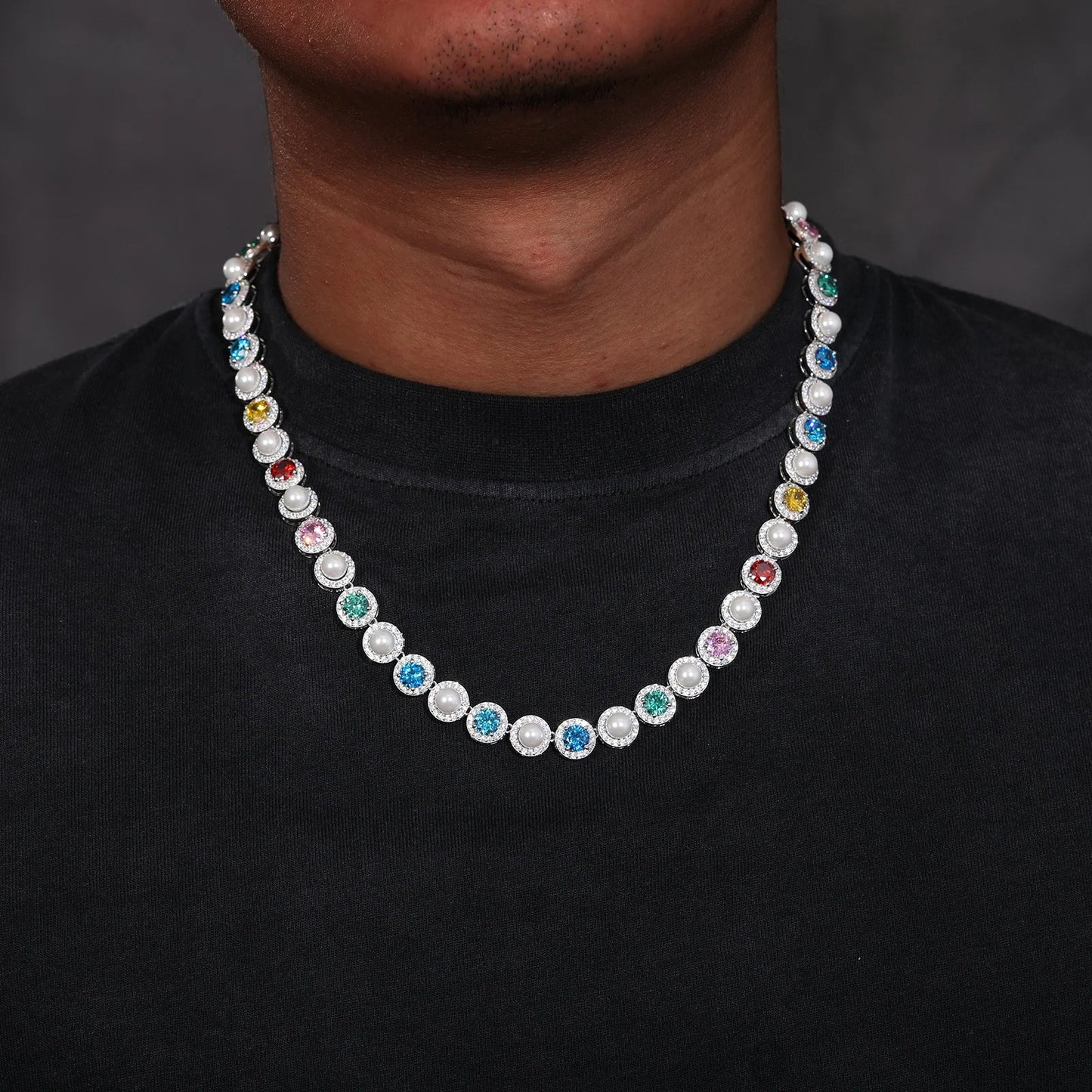 9.5mm Pearl & VVS Moissanite Cluster Tennis Necklace in 925 Silver