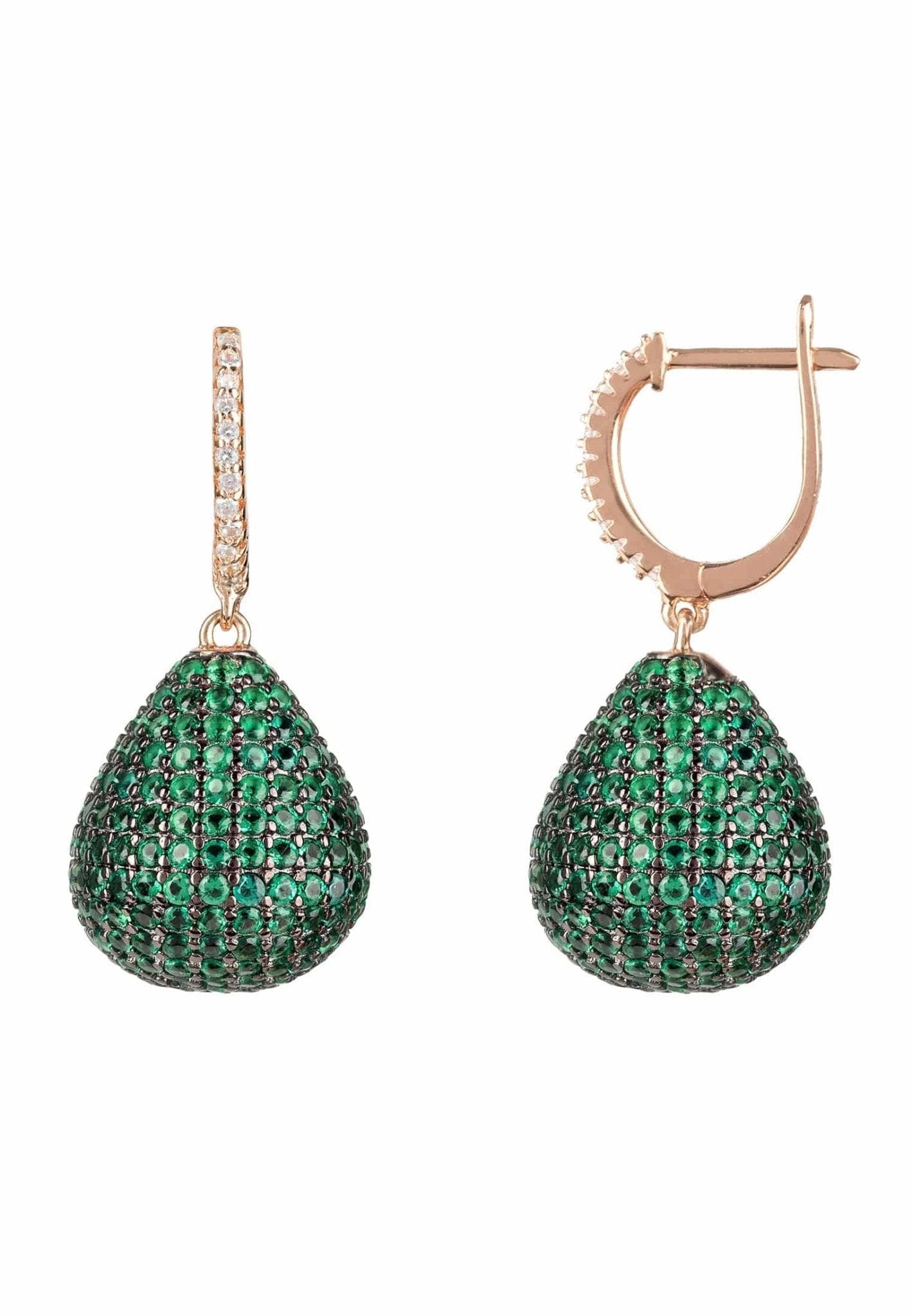 "Valerie Pear Drop Earrings – Rose Gold with Emerald Green Gemstone Detail