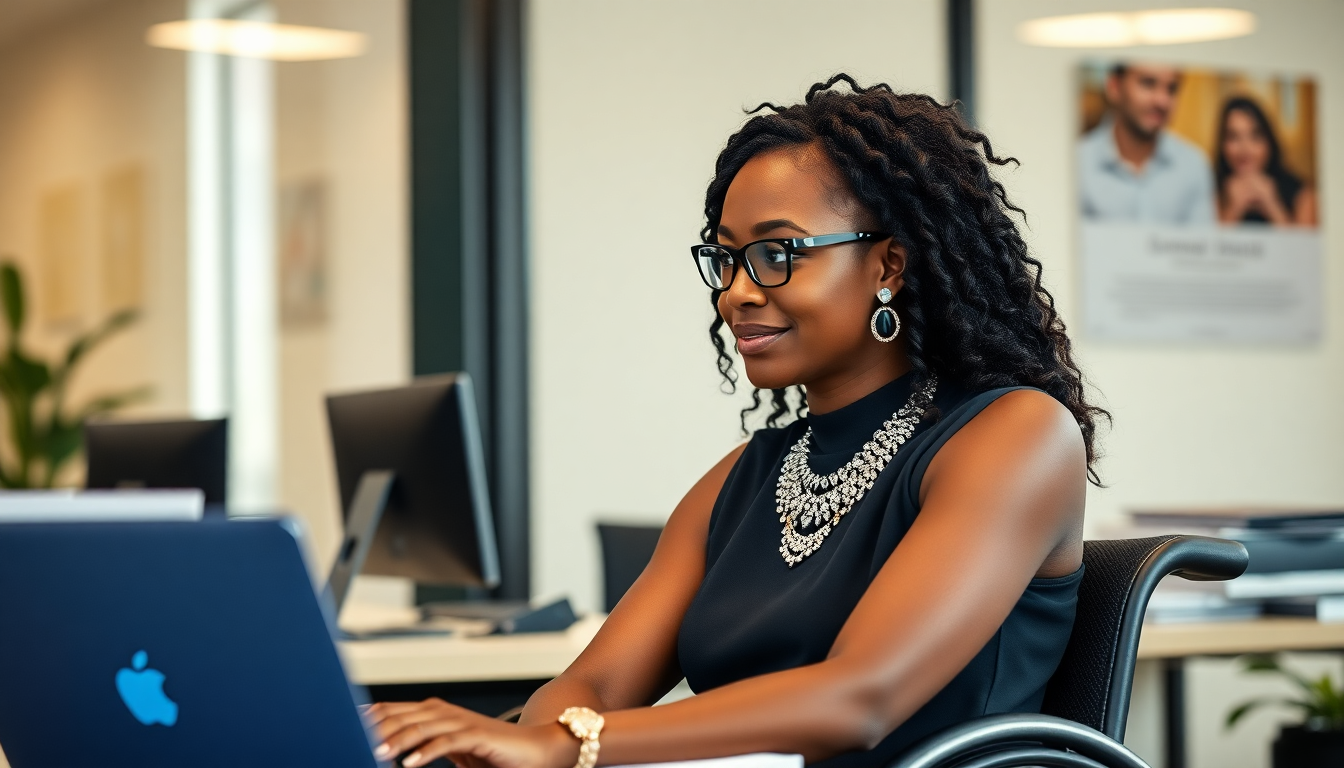 Where Beauty Meets Inner Strength. A beautiful black woman with physical handicap working at an office wearing high-end jewelry
