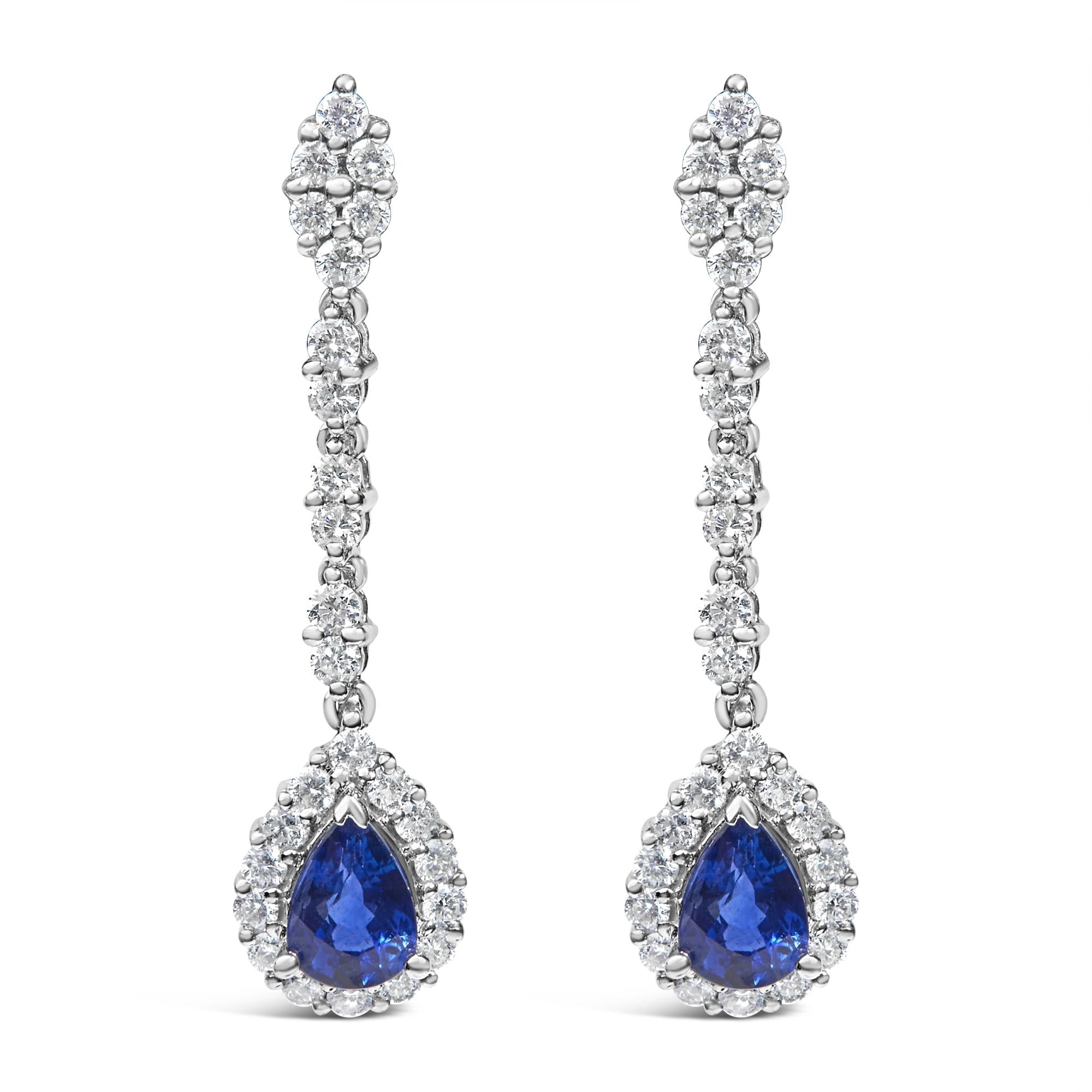 18K White Gold Diamond & Blue Sapphire Drop Halo Earrings - Luxury Jewelry