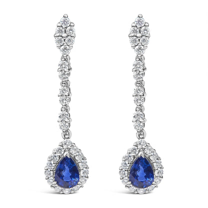 18K White Gold Diamond & Blue Sapphire Drop Halo Earrings - Luxury Jewelry