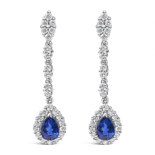 18K White Gold Diamond & Blue Sapphire Drop Halo Earrings - Luxury Jewelry