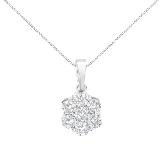 14K White Gold 1 Ct Round Diamond Flower Pendant Necklace 18" 7-Stone F-G