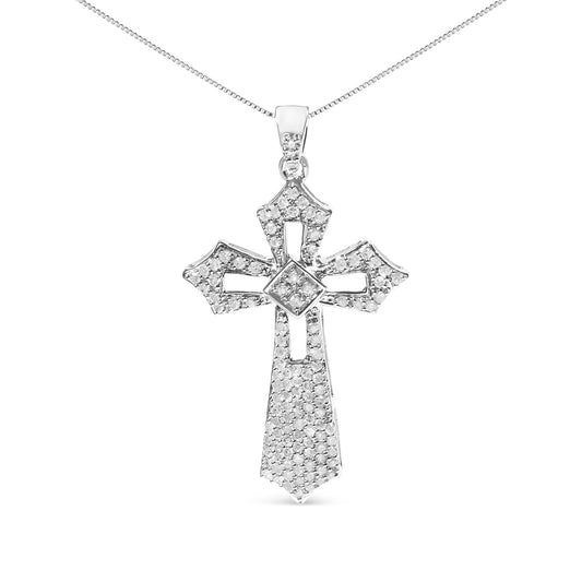 .925 Sterling Silver 1.00 Cttw Diamond Fleur De Lis Cross Pendant Necklace 18"
