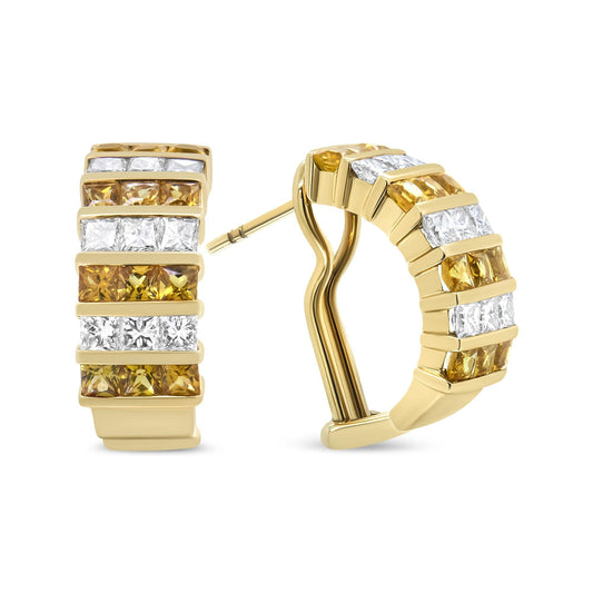 18K Yellow Gold 1 3/4 Cttw Princess Cut Diamond & Yellow Sapphire Hoop Earrings