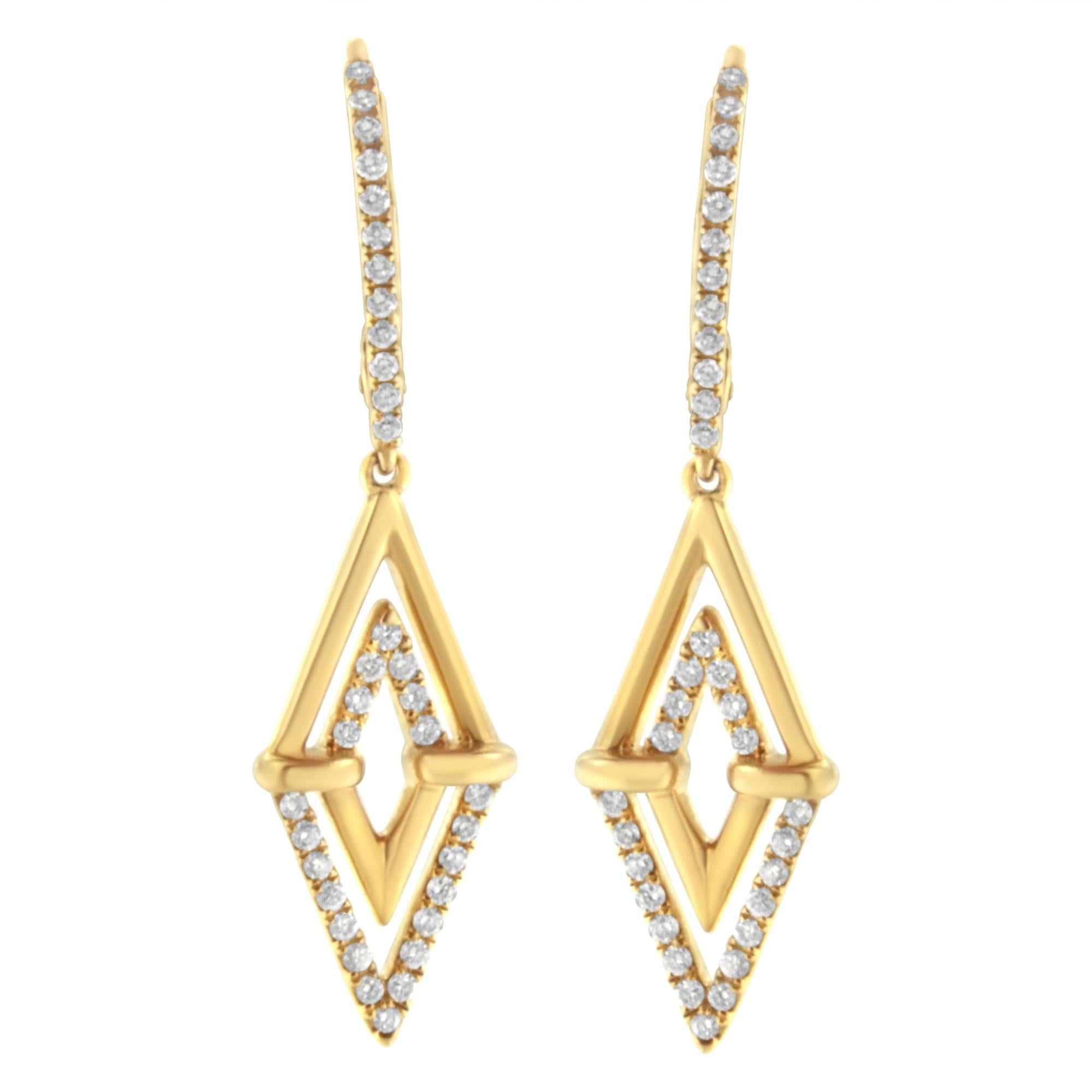 14K Yellow Gold Diamond Double Triangle Drop Earrings - Luxury Jewelry