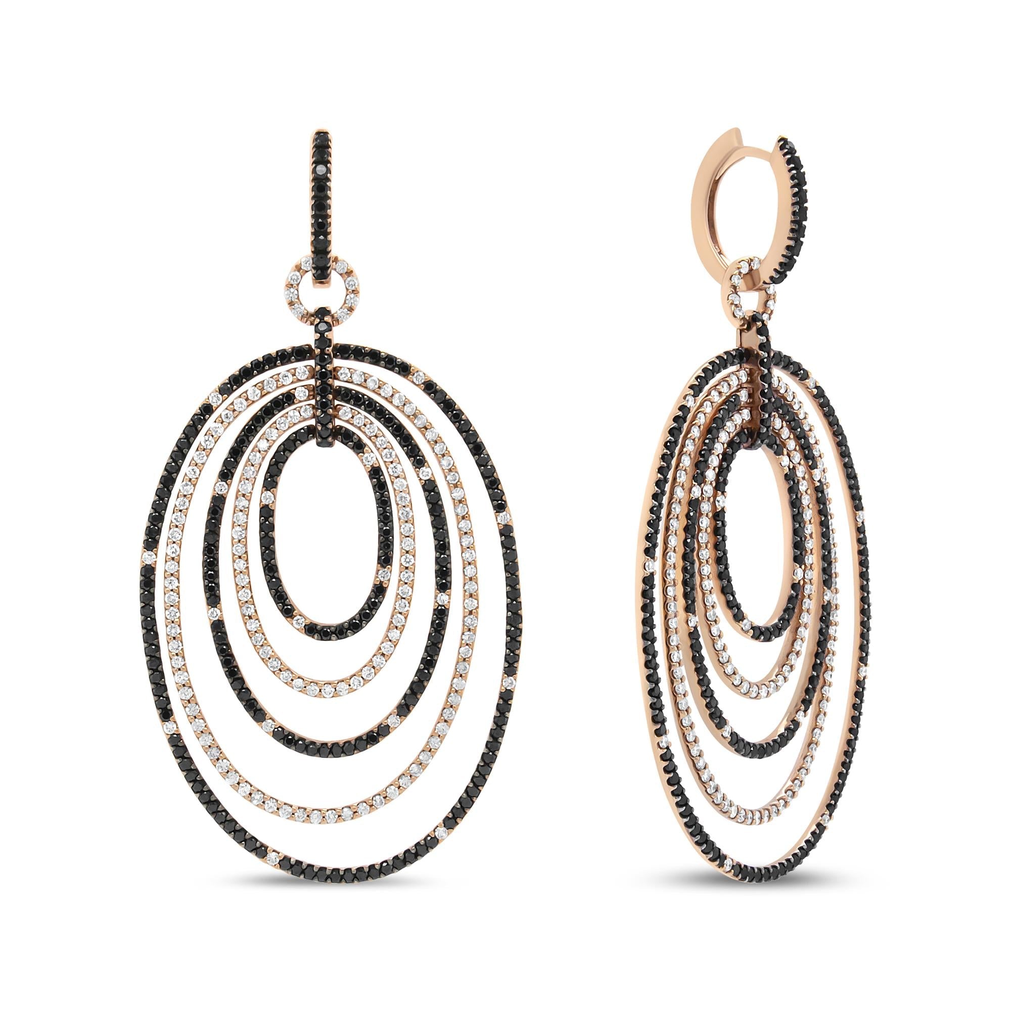 18K Rose Gold Black & White Diamond Hoop Dangle Earrings - Luxury Jewelry