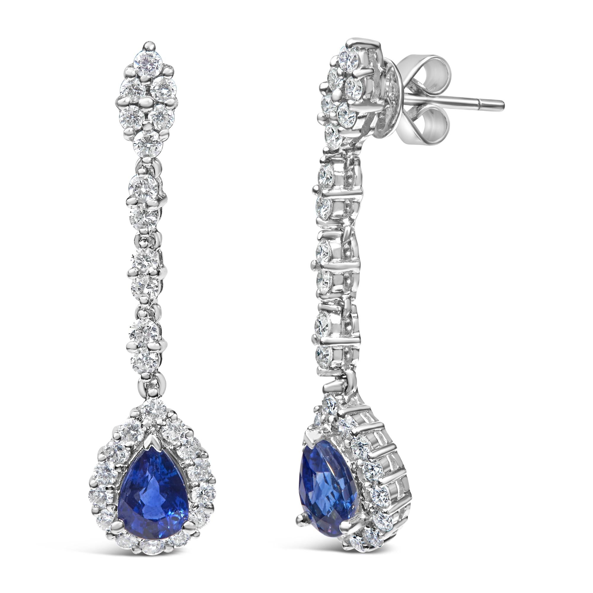 18K White Gold Diamond & Blue Sapphire Drop Halo Earrings - Luxury Jewelry