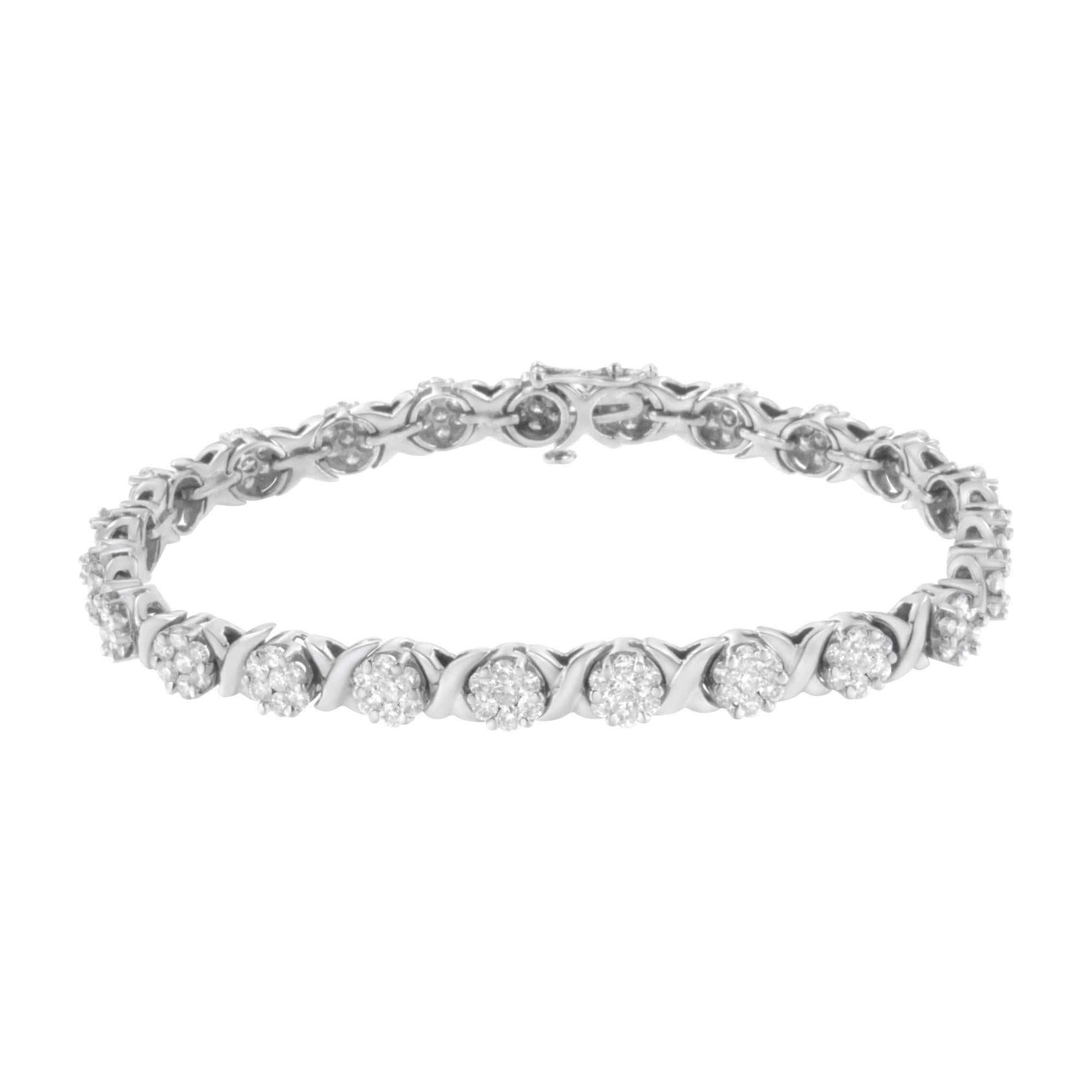 14K White Gold  Round Diamond Cluster & X-Link 7" Tennis Bracelet - Luxury Jewelry