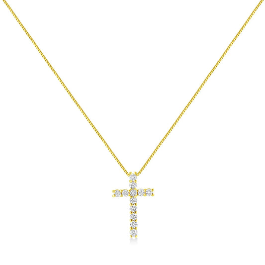 10K Yellow Gold 1/2 Cttw Round Brilliant Cut Diamond Cross 18" Pendant Necklace