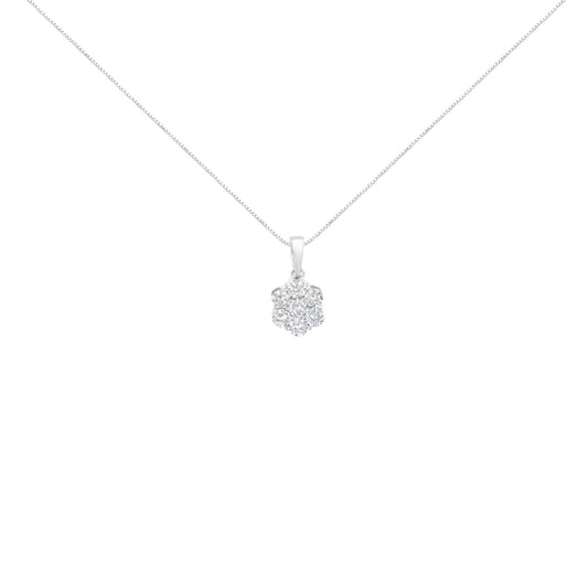 14K White Gold 1 Ct Round Diamond Flower Pendant Necklace 18" 7-Stone F-G