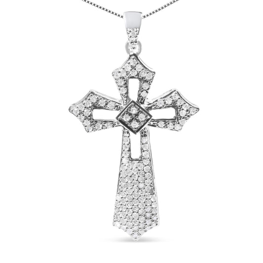 .925 Sterling Silver 1.00 Cttw Diamond Fleur De Lis Cross Pendant Necklace 18"