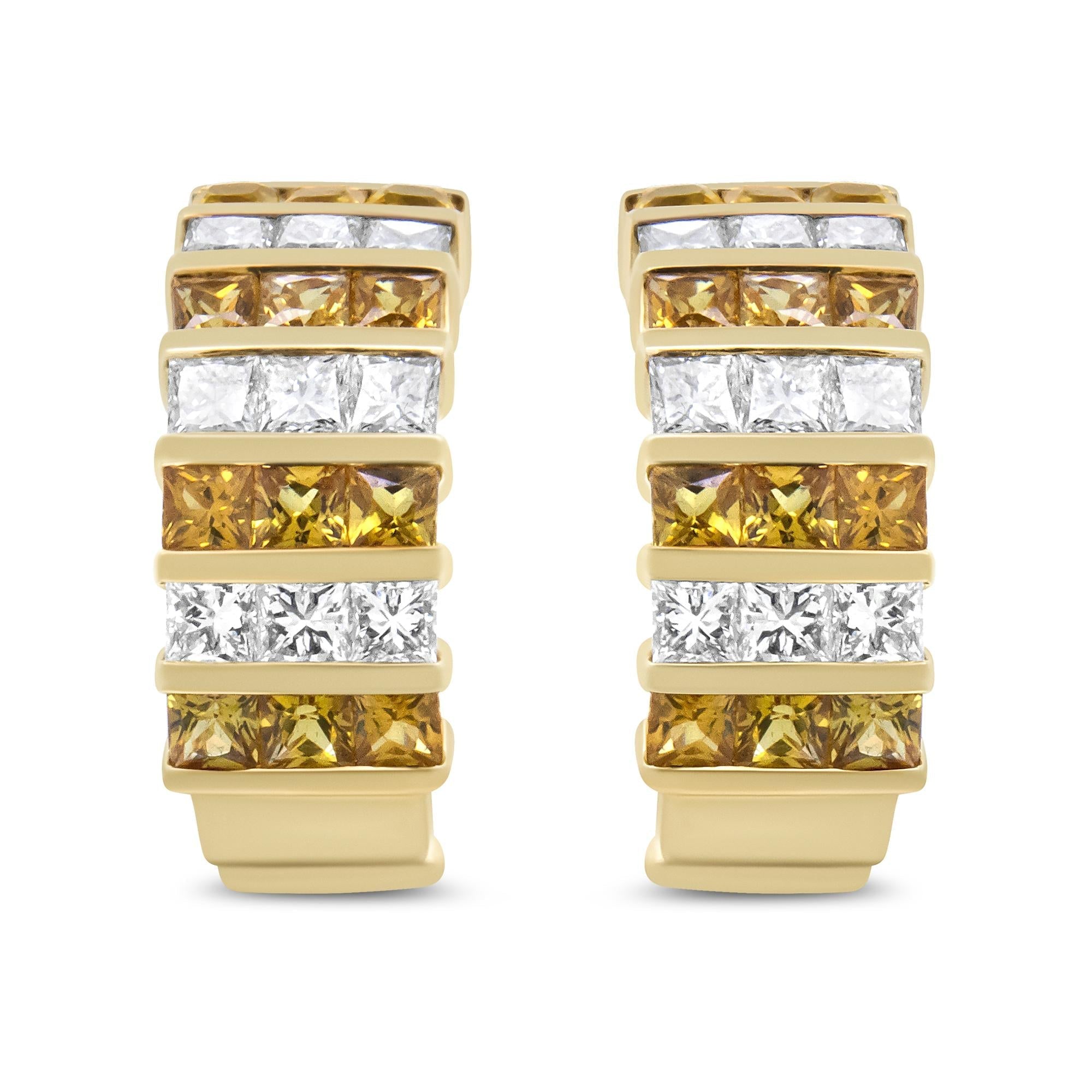18K Yellow Gold Princess Cut Diamond & Yellow Sapphire Hoop Earrings - Luxury Jewelry