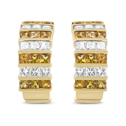 18K Yellow Gold 1 3/4 Cttw Princess Cut Diamond & Yellow Sapphire Hoop Earrings