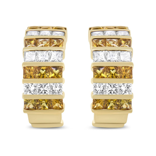 18K Yellow Gold 1 3/4 Cttw Princess Cut Diamond & Yellow Sapphire Hoop Earrings
