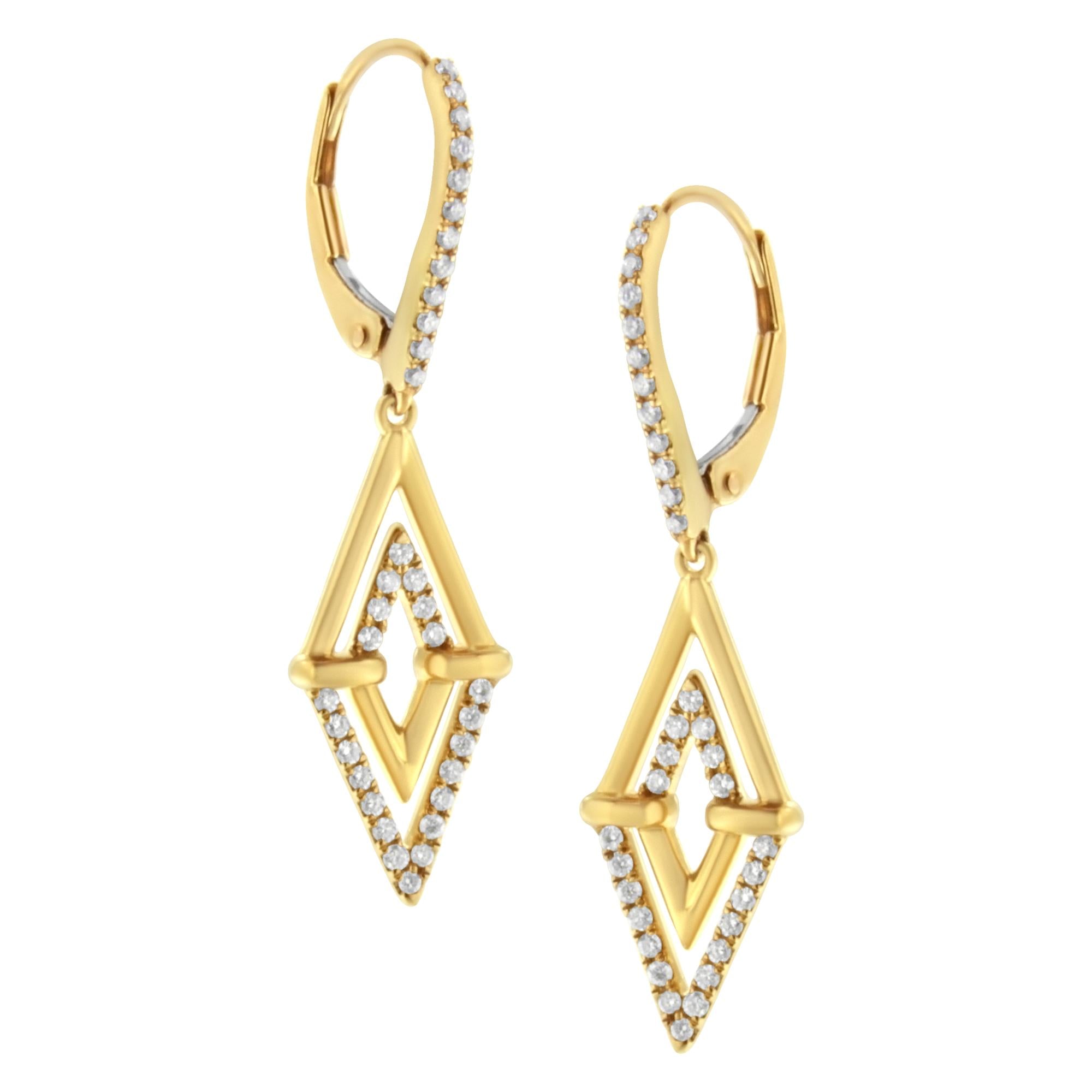 14K Yellow Gold Diamond Double Triangle Drop Earrings - Luxury Jewelry