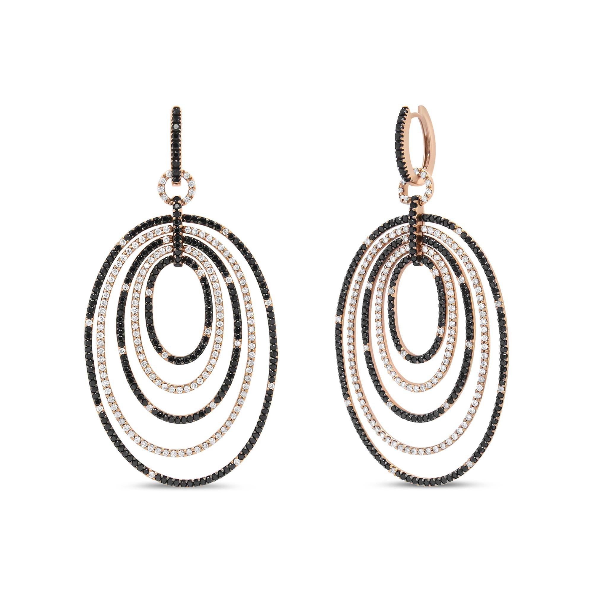 18K Rose Gold Black & White Diamond Hoop Dangle Earrings - Luxury Jewelry