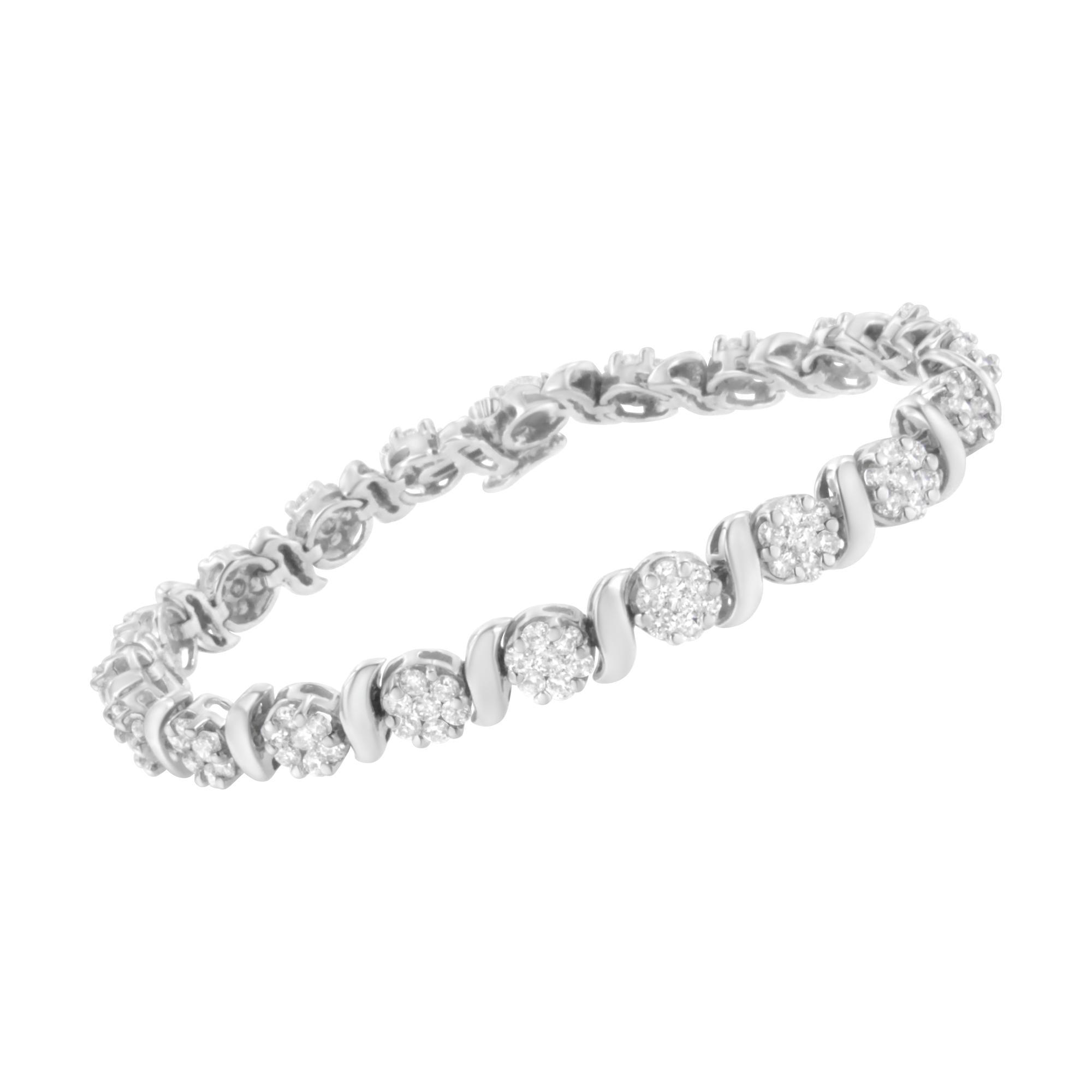 14K White Gold  Diamond S-Link Floral Cluster Tennis Bracelet - Luxury Jewelry