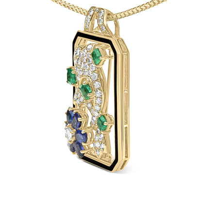 18K Yellow Gold Diamond, Sapphire & Emerald Dolphin Dog Tag Pendant Necklace