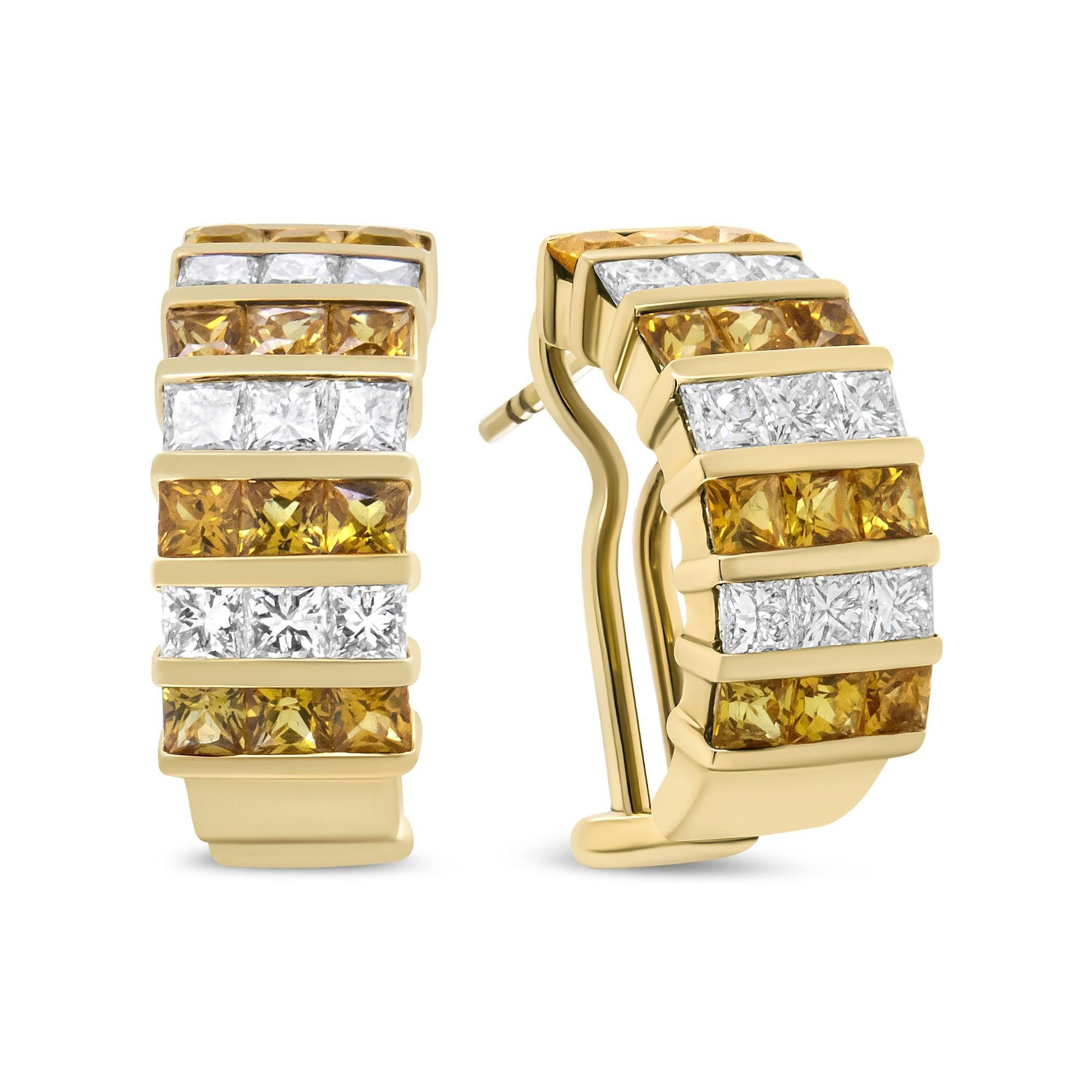 18K Yellow Gold Princess Cut Diamond & Yellow Sapphire Hoop Earrings - Luxury Jewelry