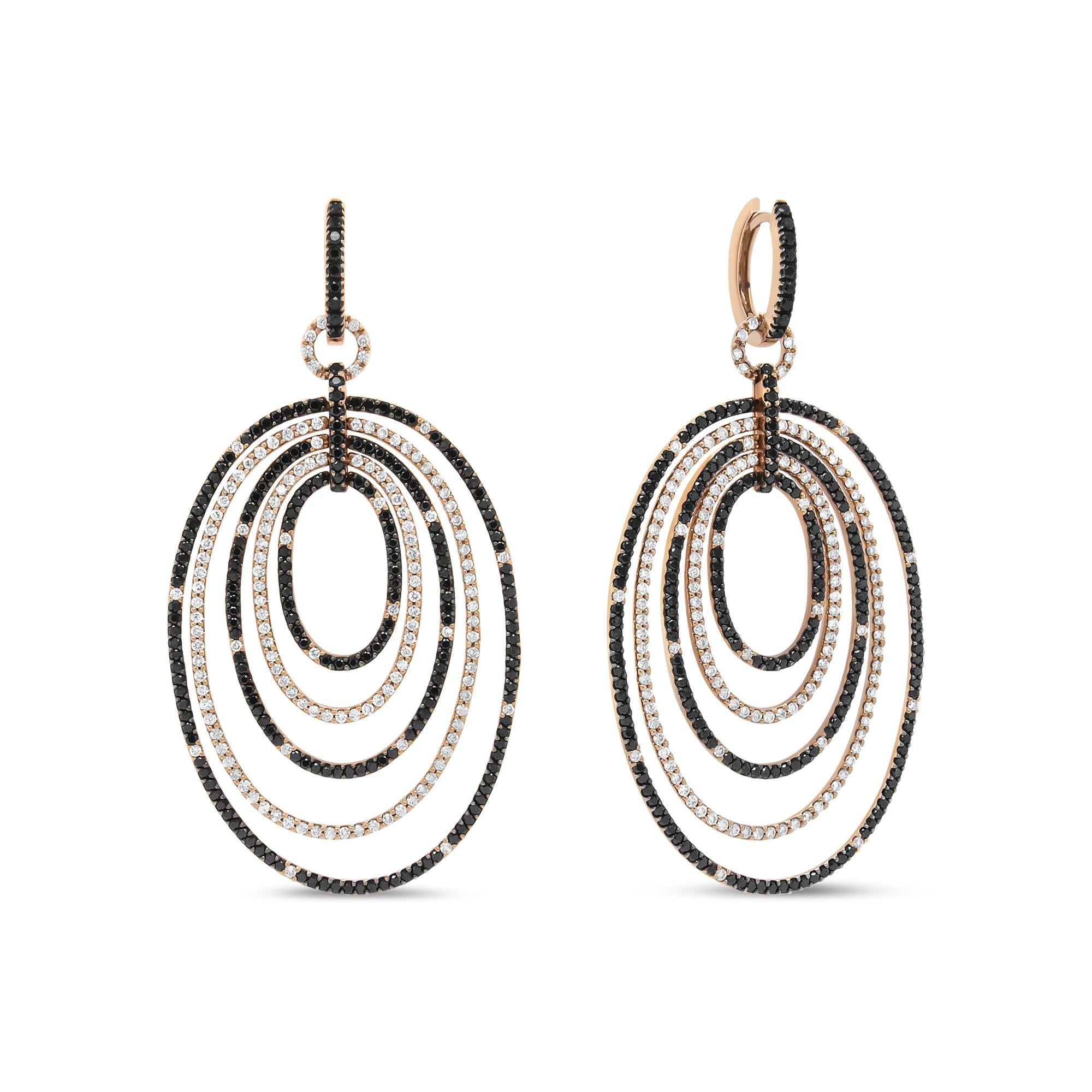 18K Rose Gold Black & White Diamond Hoop Dangle Earrings - Luxury Jewelry