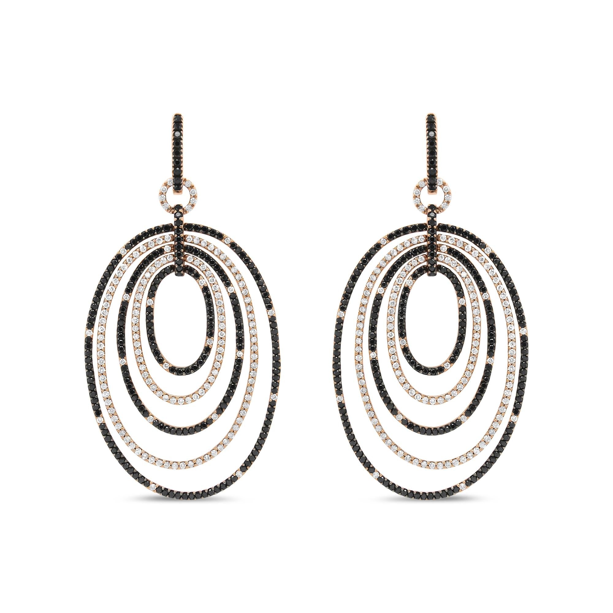 18K Rose Gold Black & White Diamond Hoop Dangle Earrings - Luxury Jewelry