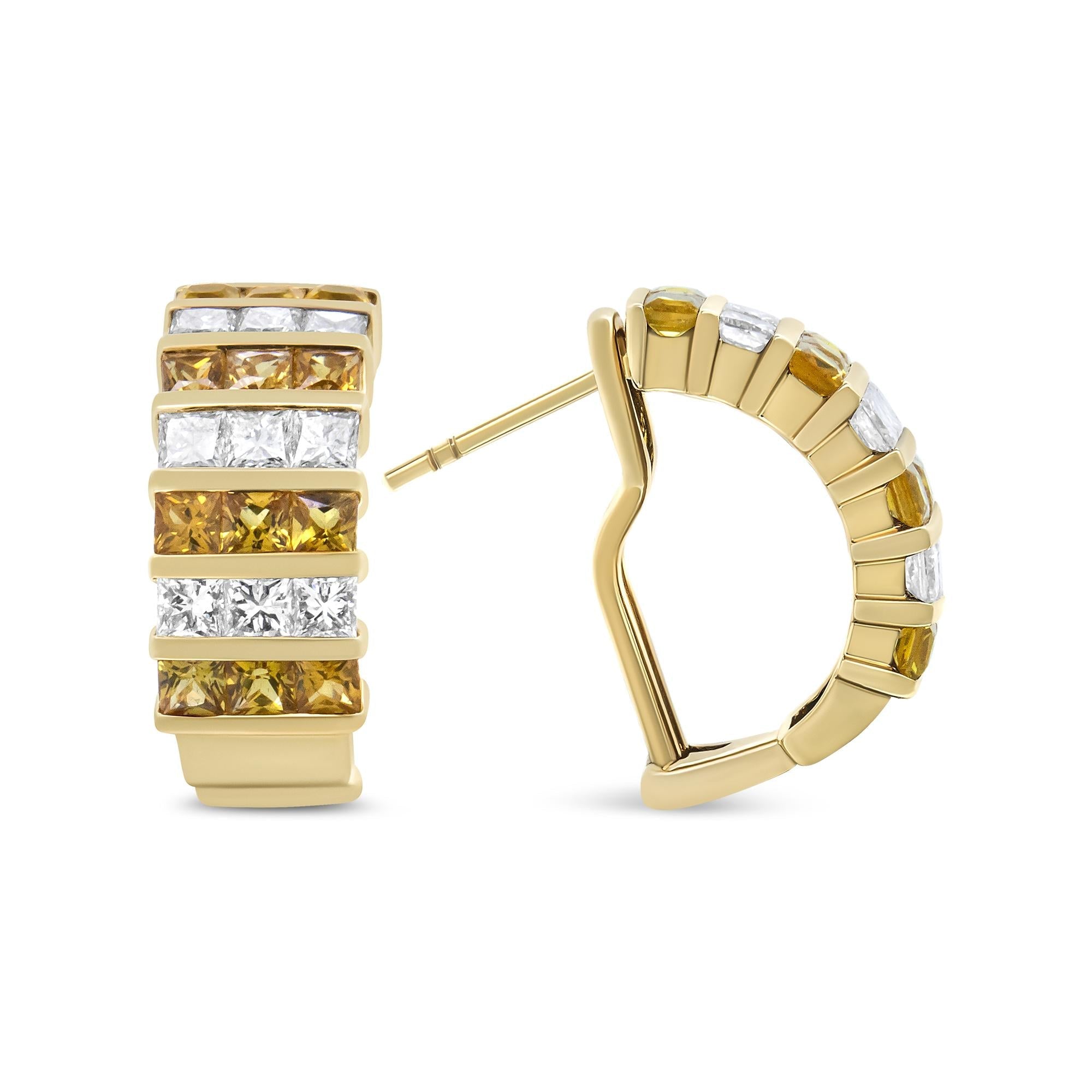 18K Yellow Gold Princess Cut Diamond & Yellow Sapphire Hoop Earrings - Luxury Jewelry