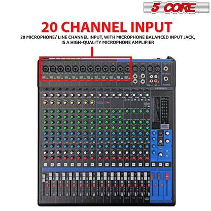 5Core Audio DJ Mixer 20 Channel Sound Board Console w 24 SPX Effect 48V Phantom Power