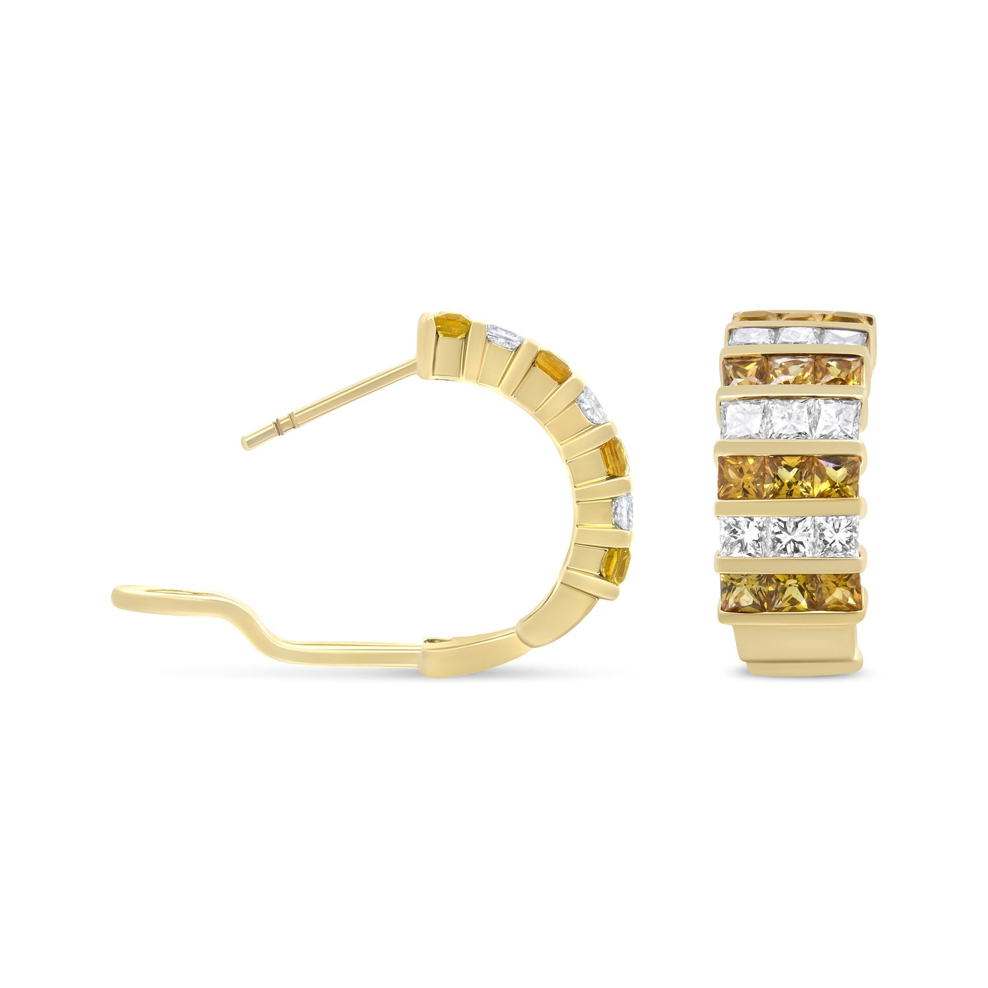 18K Yellow Gold Princess Cut Diamond & Yellow Sapphire Hoop Earrings - Luxury Jewelry
