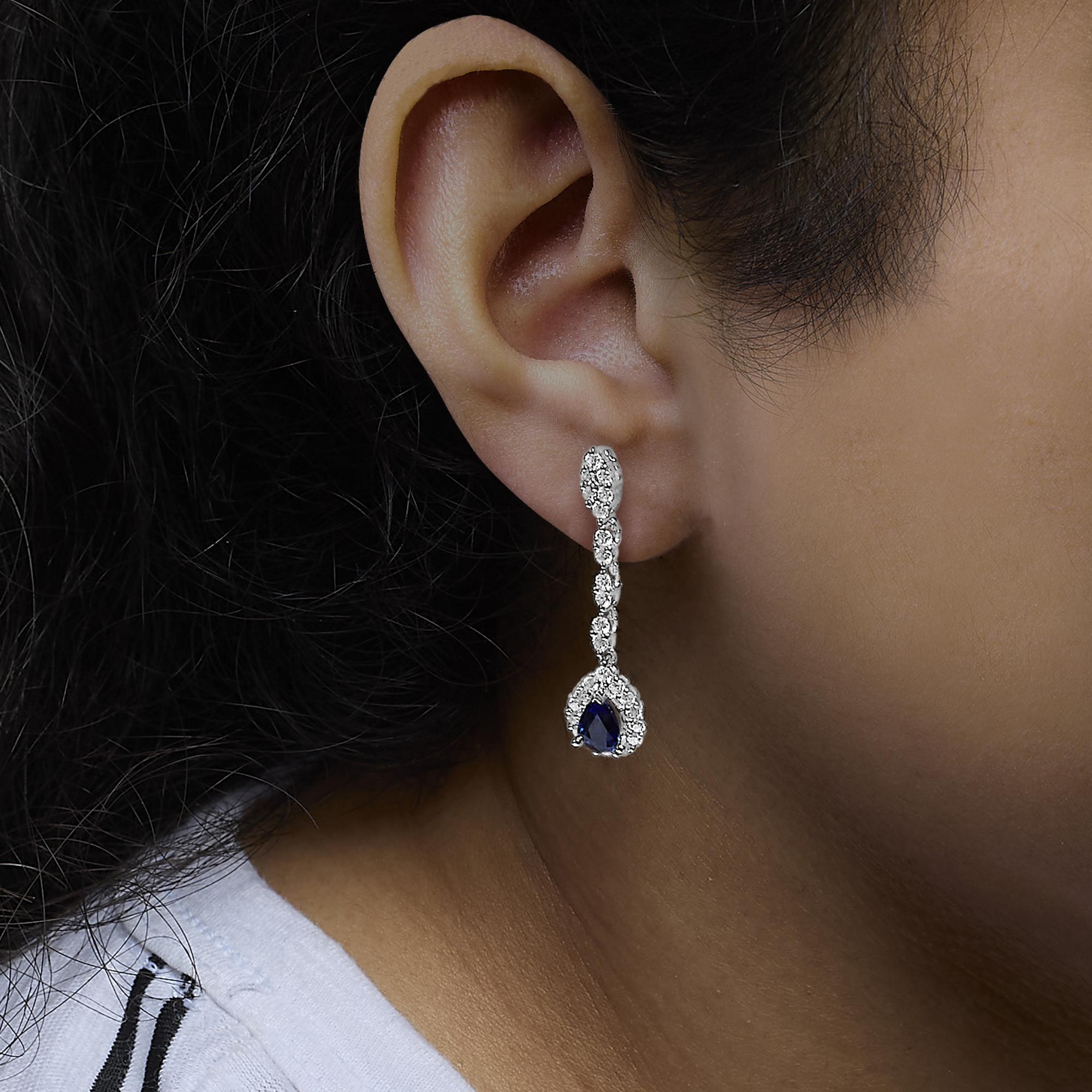 18K White Gold Diamond & Blue Sapphire Drop Halo Earrings - Luxury Jewelry