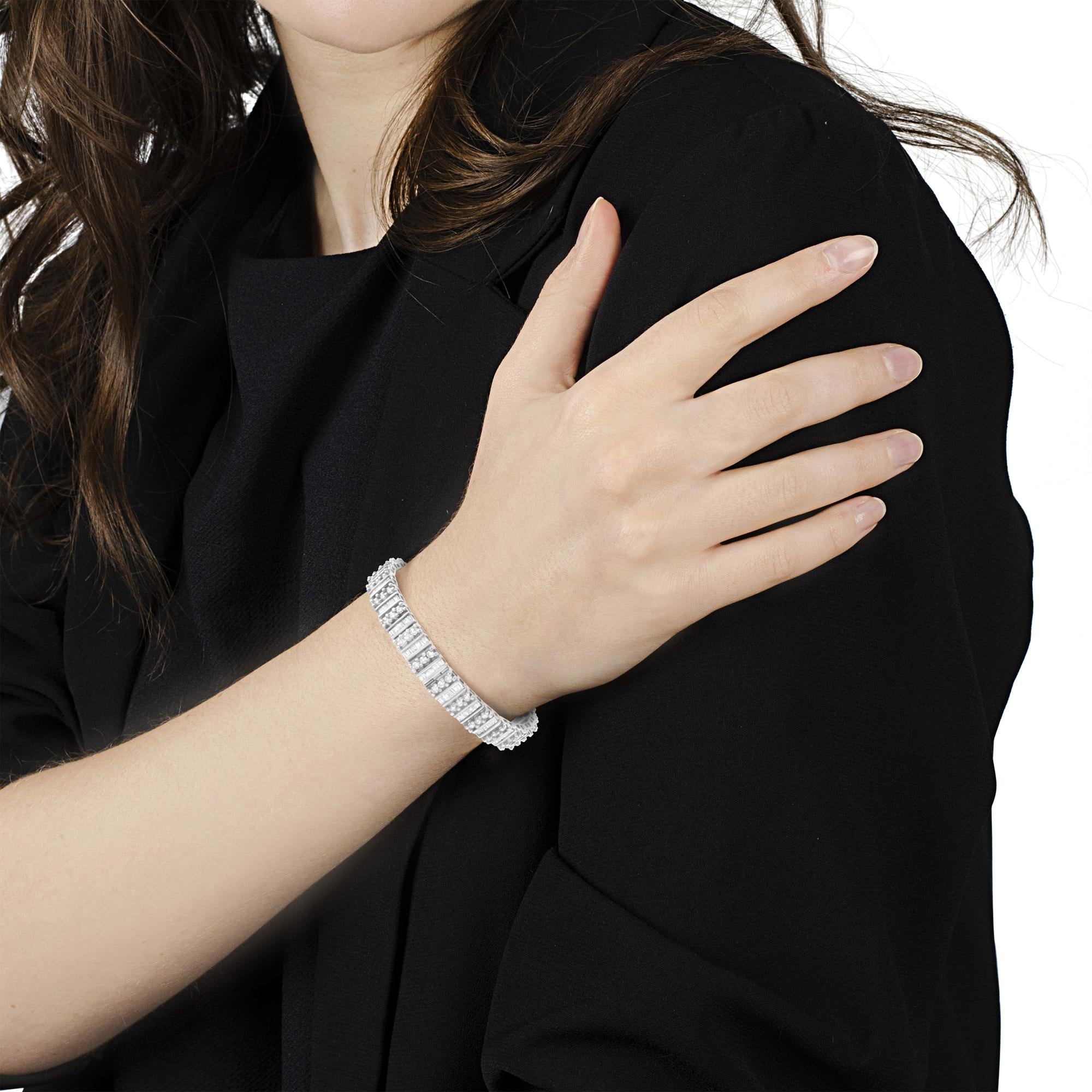 14K White Gold Baguette & Round Diamond Tennis Bracelet - Luxury Jewelry