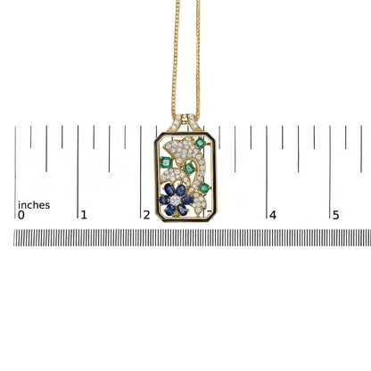 18K Yellow Gold Diamond, Sapphire & Emerald Dolphin Dog Tag Pendant Necklace