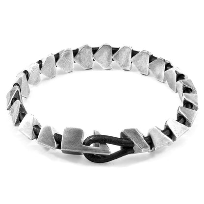 Raven Black Brixham Maxi Bracelet – Silver Clasp & Round Leather, Unisex