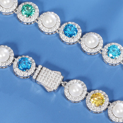 9.5mm Pearl & VVS Moissanite Cluster Tennis Necklace in 925 Silver