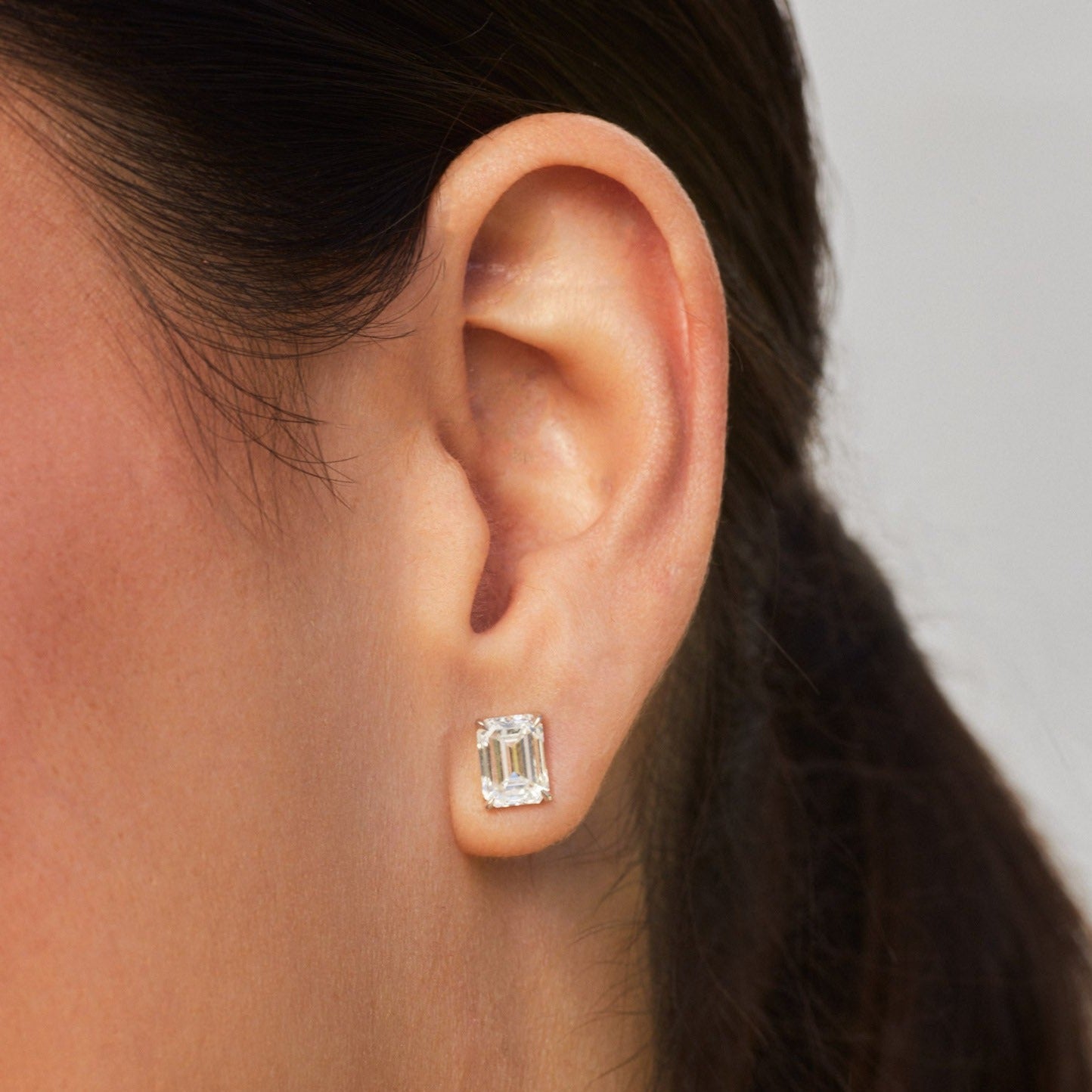 AGI Certified Lab Grown Emerald Cut Diamond Stud Earrings in 14K White Gold