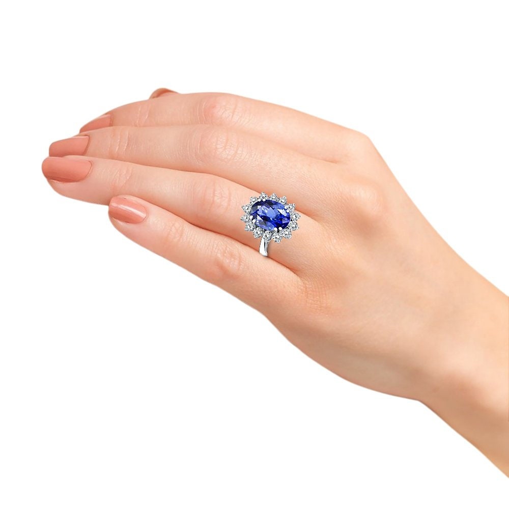 Princess Diana Inspired 3.00CTW AGI Certified G/vs Lab-Grown Sapphire and Diamond Halo Ring in 14K White Gold
