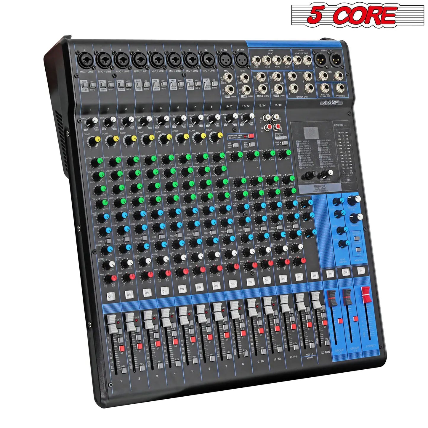 5Core Audio DJ Mixer 16 Channel Sound Board Console w 24 SPX Effect 48V Phantom Powe