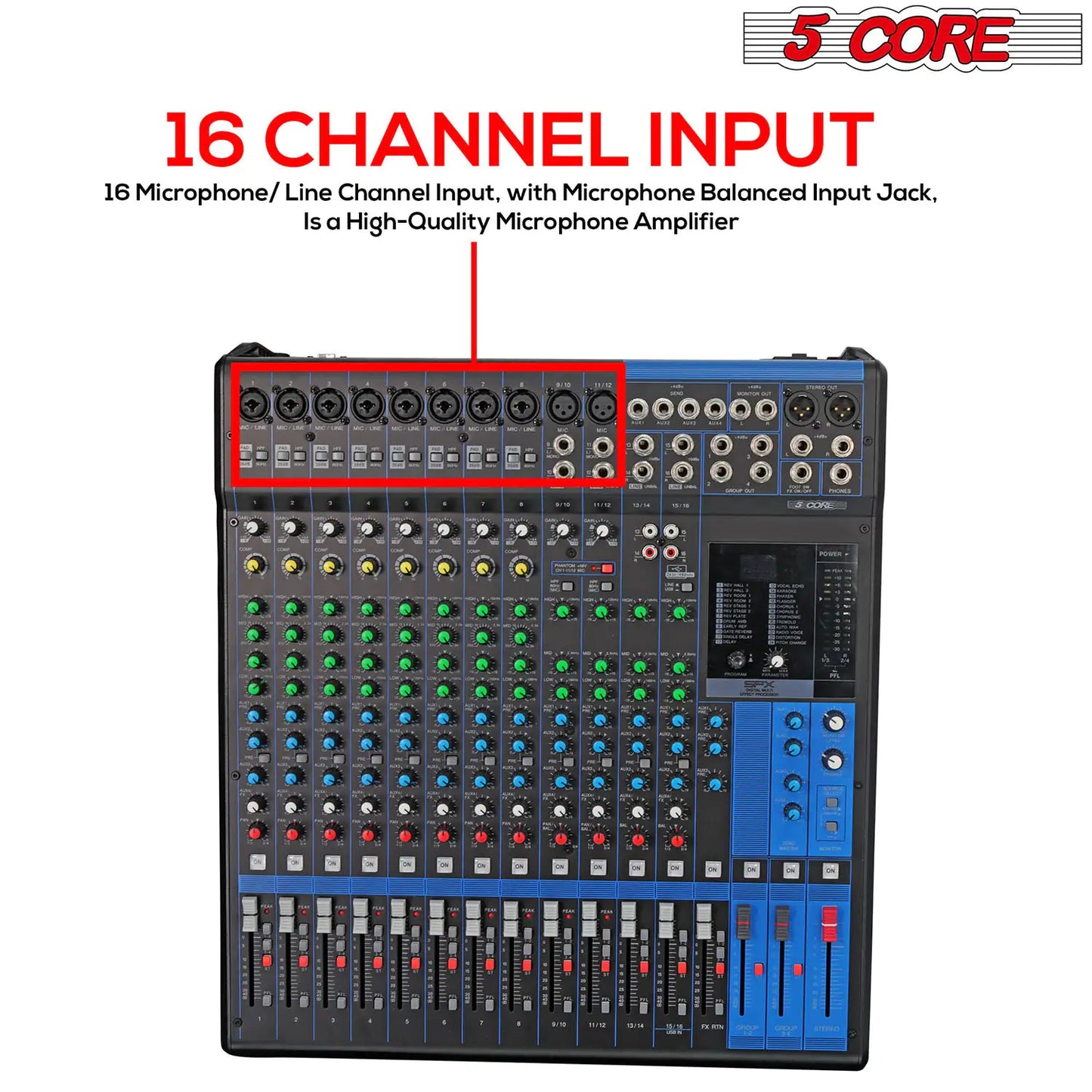 5Core Audio DJ Mixer 16 Channel Sound Board Console w 24 SPX Effect 48V Phantom Powe