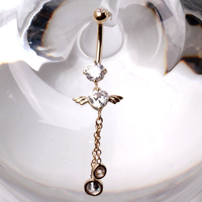 14Kt Yellow Gold Navel Ring With Winged Heart Gem