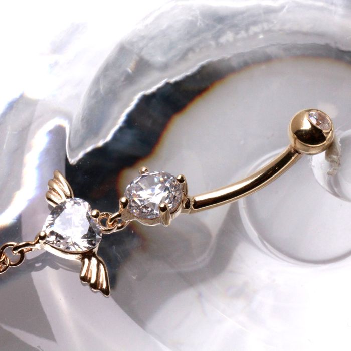 14Kt Yellow Gold Navel Ring With Winged Heart Gem