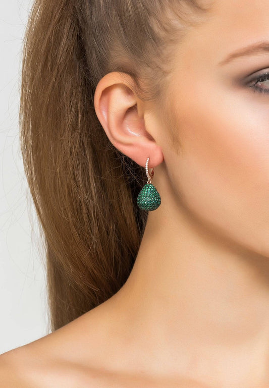 "Valerie Pear Drop Earrings – Rose Gold with Emerald Green Gemstone Detail